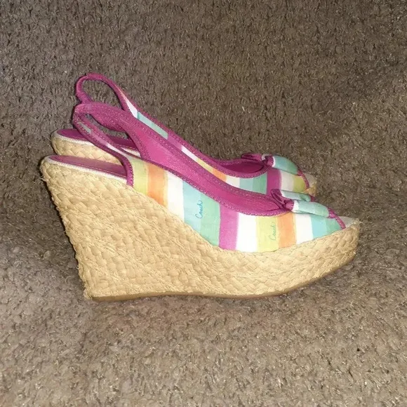 COACH-Grace-Pink Blue Rainbow Stripe Wedge Slingback-Straw Wedge-Sz 10-Near Mint