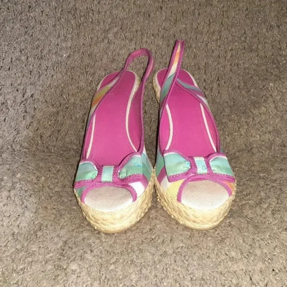 COACH-Grace-Pink Blue Rainbow Stripe Wedge Slingback-Straw Wedge-Sz 10-Near Mint