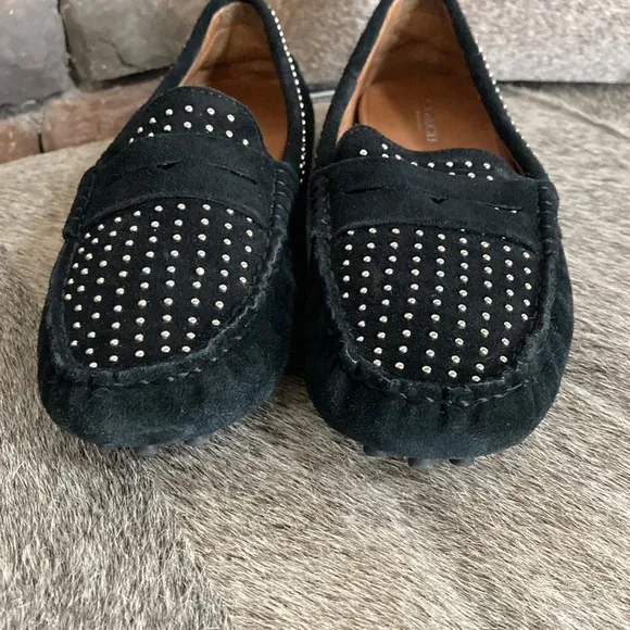 COACH Nixie Studded Black Suede Driving Moccasin