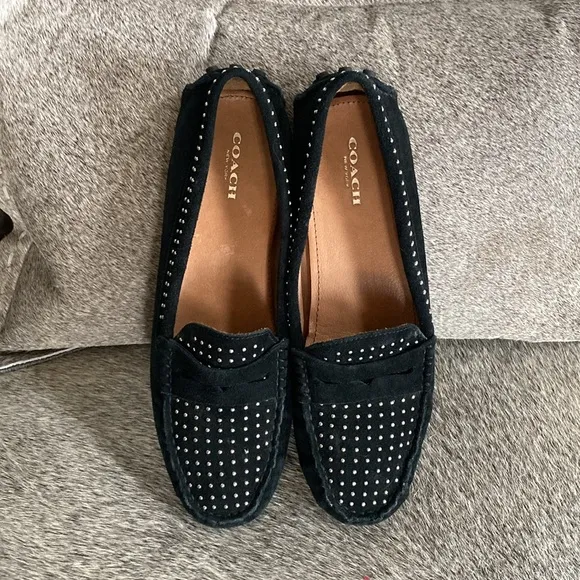 COACH Nixie Studded Black Suede Driving Moccasin