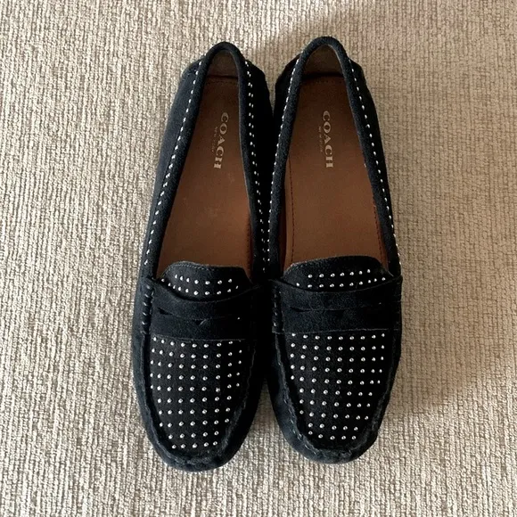 COACH Nixie Studded Black Suede Driving Moccasin