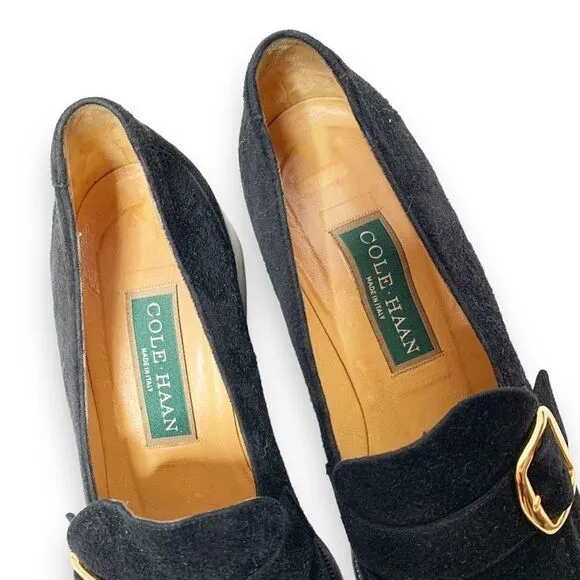 Cole Haan Black Suede Leather Gold Buckle Heeled Loafer Made in Italy Women’s 7B