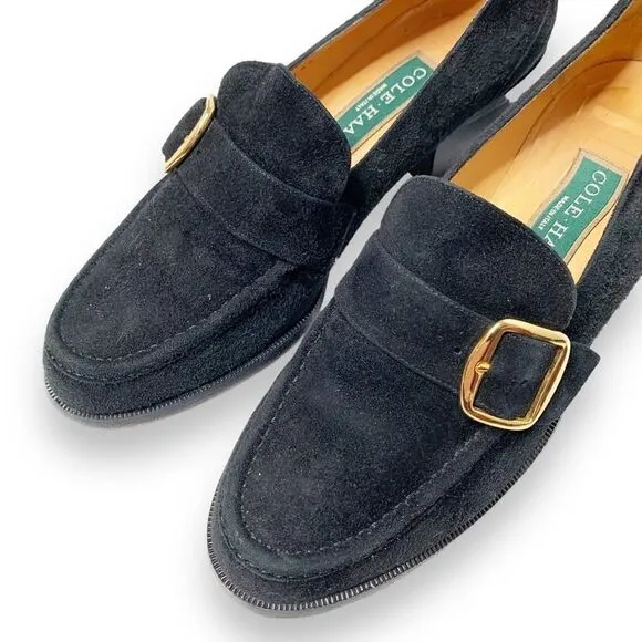 Cole Haan Black Suede Leather Gold Buckle Heeled Loafer Made in Italy Women’s 7B