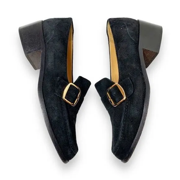 Cole Haan Black Suede Leather Gold Buckle Heeled Loafer Made in Italy Women’s 7B