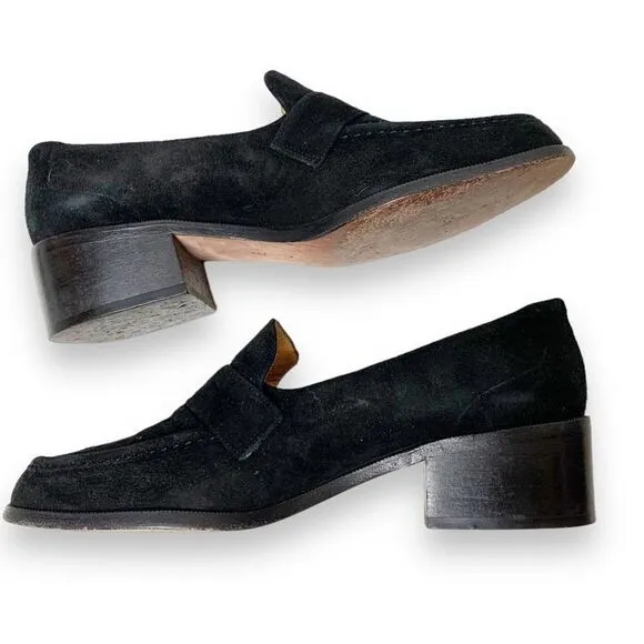 Cole Haan Black Suede Leather Gold Buckle Heeled Loafer Made in Italy Women’s 7B