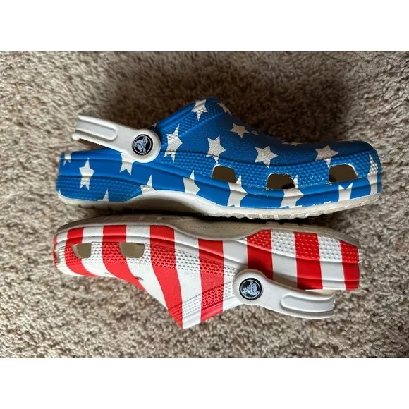 Crocs Clogs Patriotic Stars Stripes Shoes USA Slip On Comfort Size Men 7 Woman 9