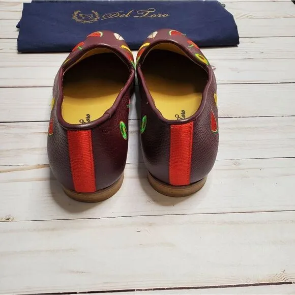 DEL TORO loafers fruit embroidered burgundy leather shoes 7