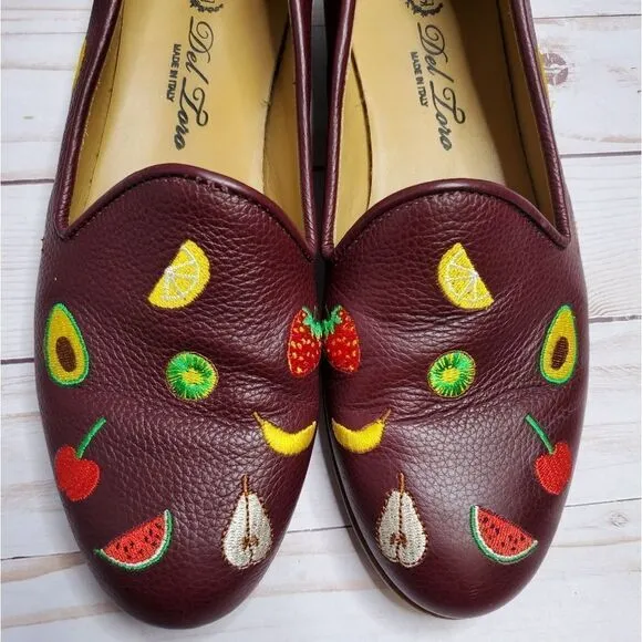 DEL TORO loafers fruit embroidered burgundy leather shoes 7