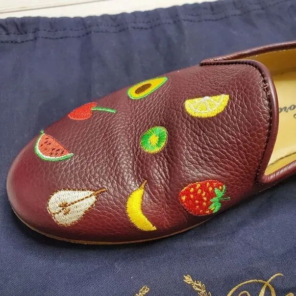 DEL TORO loafers fruit embroidered burgundy leather shoes 7