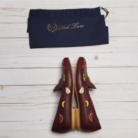 DEL TORO loafers fruit embroidered burgundy leather shoes 7