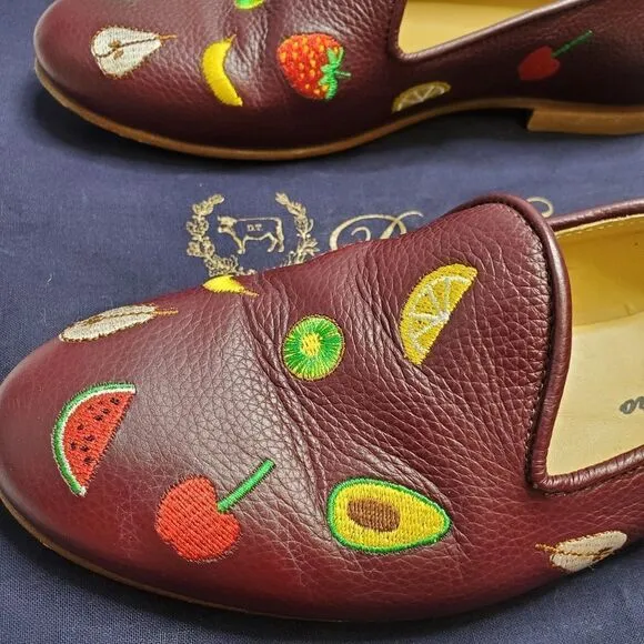 DEL TORO loafers fruit embroidered burgundy leather shoes 7