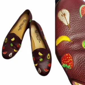 DEL TORO loafers fruit embroidered burgundy leather shoes 7