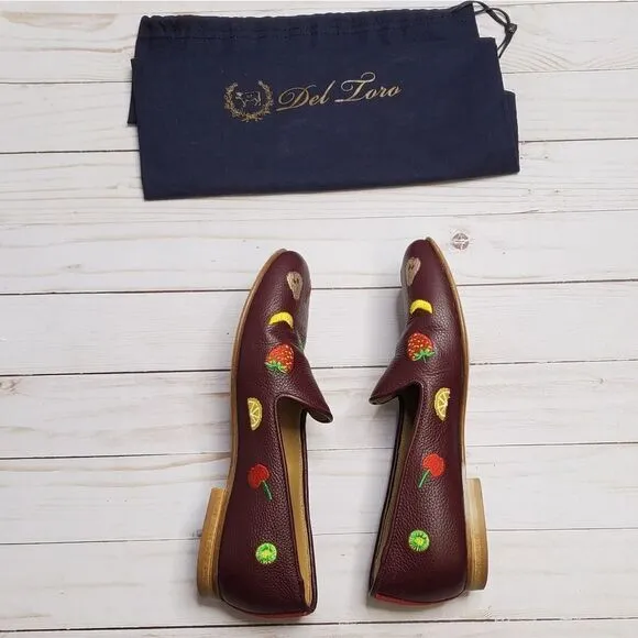 DEL TORO loafers fruit embroidered burgundy leather shoes 7