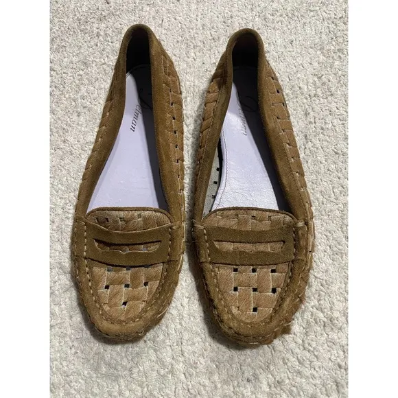 Delman Women's 7.5 Shoes Slip on Calf Hair Tan Woven Penny Loafers Fur MSRP $235