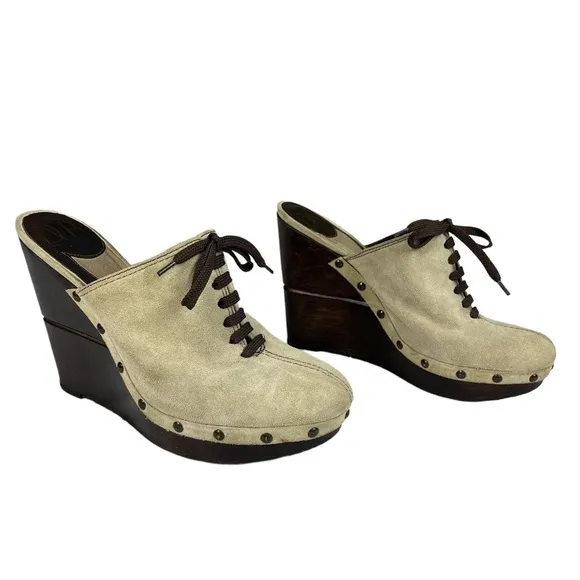 Diane Von Furstenberg‎ Emerson Tan Suede Studded Wedge Clogs Mule Shoes Size 8.5