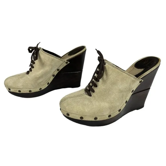 Diane Von Furstenberg‎ Emerson Tan Suede Studded Wedge Clogs Mule Shoes Size 8.5