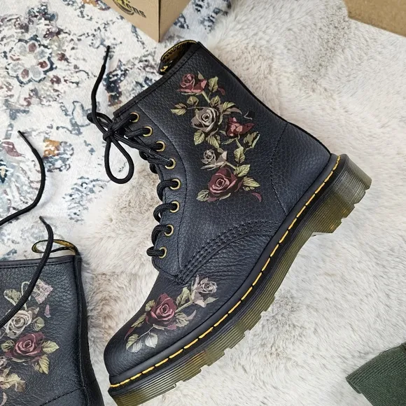Dr. Martens 1460 8-Eye Decayed Roses Boot Black Women US 8