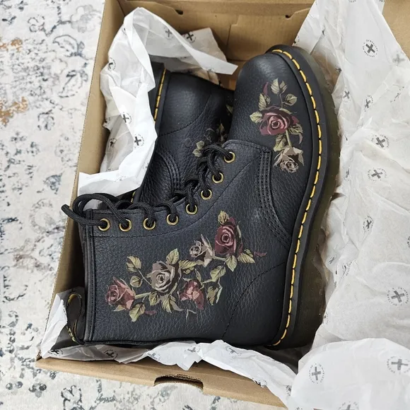 Dr. Martens 1460 8-Eye Decayed Roses Boot Black Women US 8