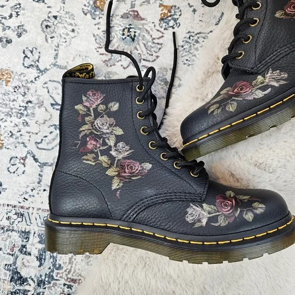 Dr. Martens 1460 8-Eye Decayed Roses Boot Black Women US 8