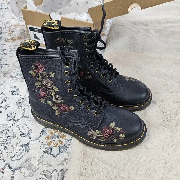 Dr. Martens 1460 8-Eye Decayed Roses Boot Black Women US 8