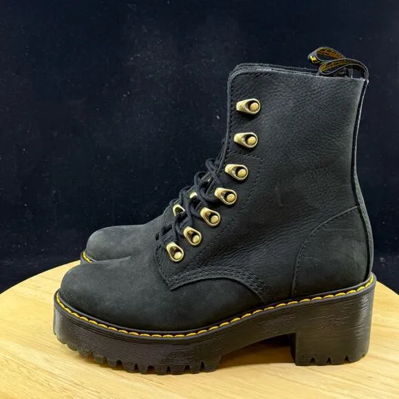 Dr Martens Leona Women’s Black Platform Heeled Boots Size 6 Soft Leather
