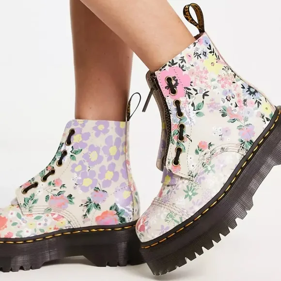 DR. MARTENS  SINCLAIR FLORAL MASH UP PLATFORM ANKLE BOOTS