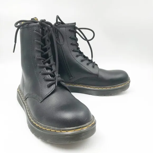 DR MARTENS Zavala Black Leather Lace Up Combat Moto Lug Sole Boots Womens 6