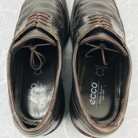 Ecco Mens Size 12-12.5 Shoes Brown leather Comfort Shank Tech Wingtip Shoes EU46