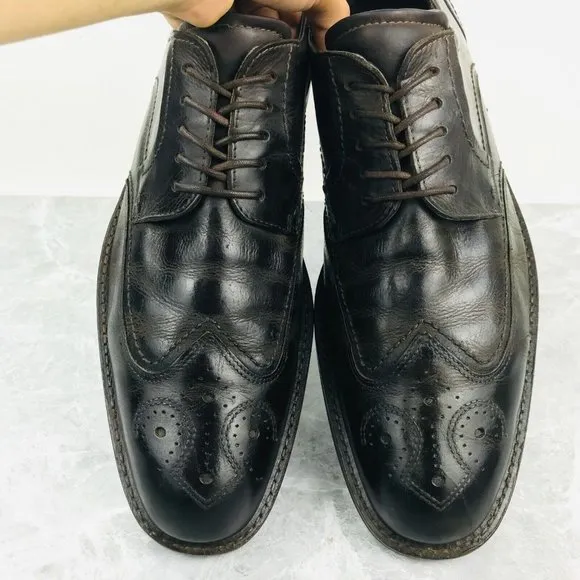 Ecco Mens Size 12-12.5 Shoes Brown leather Comfort Shank Tech Wingtip Shoes EU46
