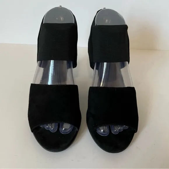 Eileen Fisher Black Suede Open ToeBlock Heel Sandal Shoe Zip Back Women Size 7
