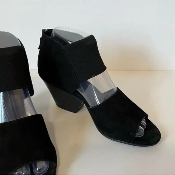 Eileen Fisher Black Suede Open ToeBlock Heel Sandal Shoe Zip Back Women Size 7