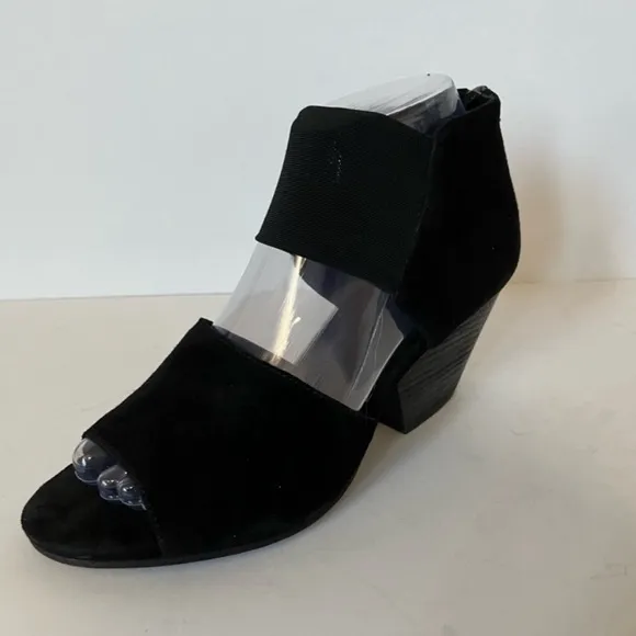 Eileen Fisher Black Suede Open ToeBlock Heel Sandal Shoe Zip Back Women Size 7