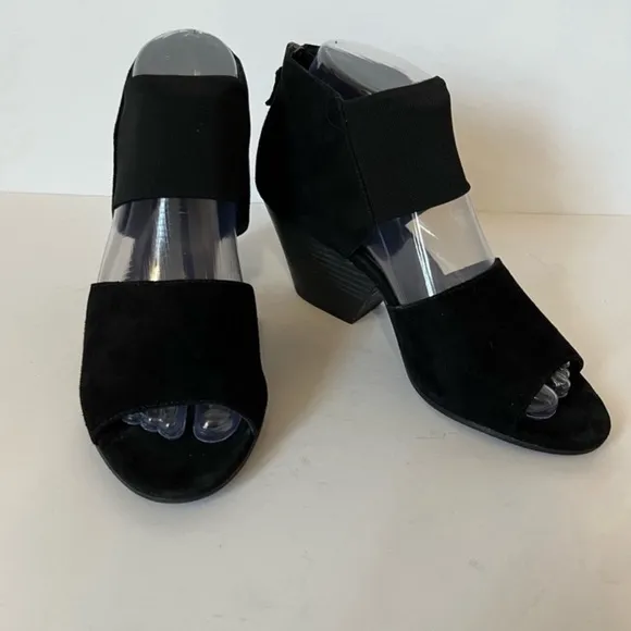 Eileen Fisher Black Suede Open ToeBlock Heel Sandal Shoe Zip Back Women Size 7
