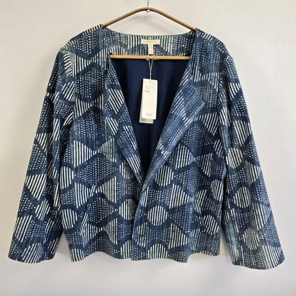 Eileen Fisher Indigo Round Neck Jacket Size XL NWT Handprinted Organic Cotton