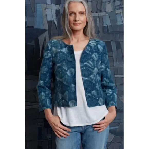 Eileen Fisher Indigo Round Neck Jacket Size XL NWT Handprinted Organic Cotton