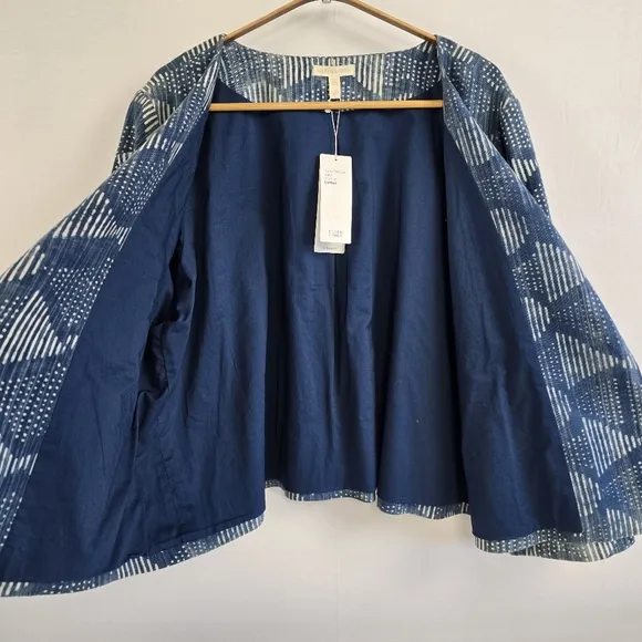 Eileen Fisher Indigo Round Neck Jacket Size XL NWT Handprinted Organic Cotton