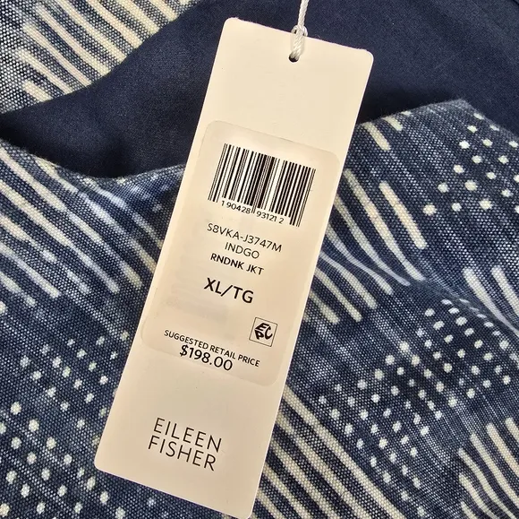 Eileen Fisher Indigo Round Neck Jacket Size XL NWT Handprinted Organic Cotton