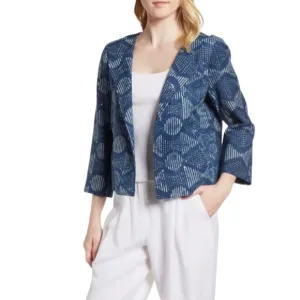 Eileen Fisher Indigo Round Neck Jacket Size XL NWT Handprinted Organic Cotton