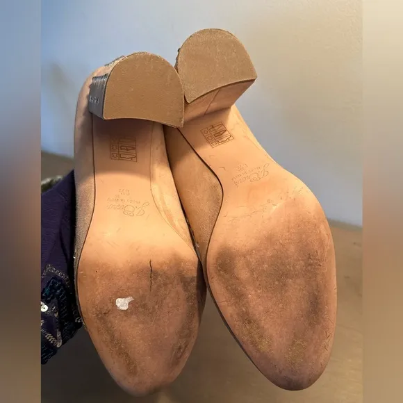 Elegant Tan Suede Heels with Studded Detail.