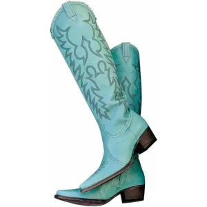 Embroidered Suede Boots Turquoise Polyurethane Chunky Heel For Women