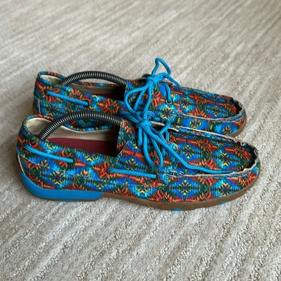 EUC Twisted X Multi Canvas Blue Driving MOCCASINS Moc Boat Shoe WDM0097 Size 9