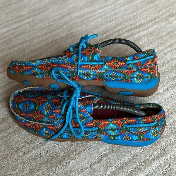 EUC Twisted X Multi Canvas Blue Driving MOCCASINS Moc Boat Shoe WDM0097 Size 9
