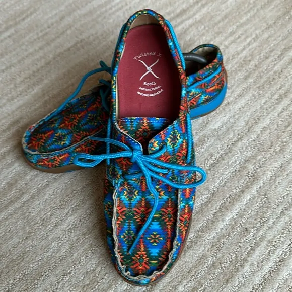 EUC Twisted X Multi Canvas Blue Driving MOCCASINS Moc Boat Shoe WDM0097 Size 9