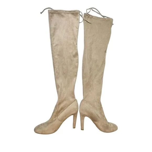 Express &quot;TISSU&quot; Ultra High Heel Boots Tan Over The Knee Women's Stretch Size 9