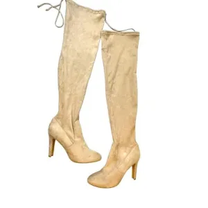 Express &quot;TISSU&quot; Ultra High Heel Boots Tan Over The Knee Women's Stretch Size 9