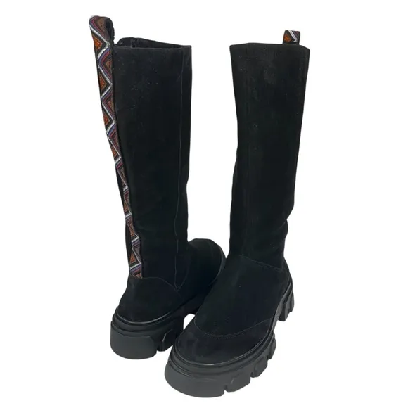 Farm Rio Black Suede Side Zip Lug Sole Tall Boots Womens Size 11