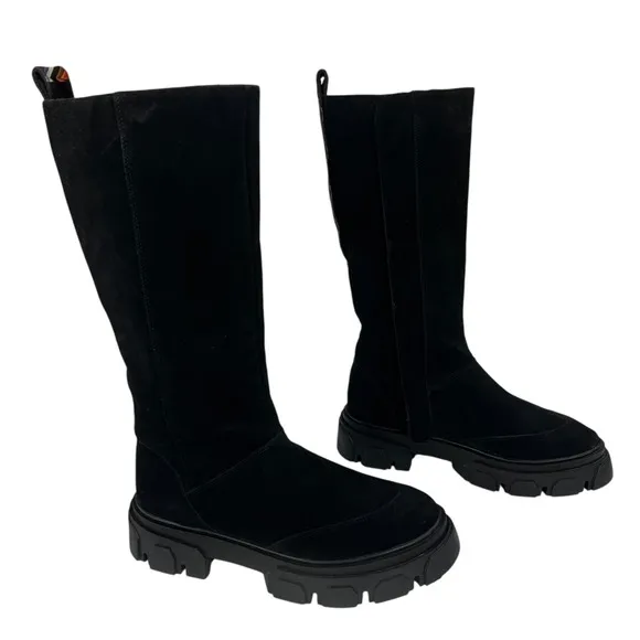 Farm Rio Black Suede Side Zip Lug Sole Tall Boots Womens Size 11