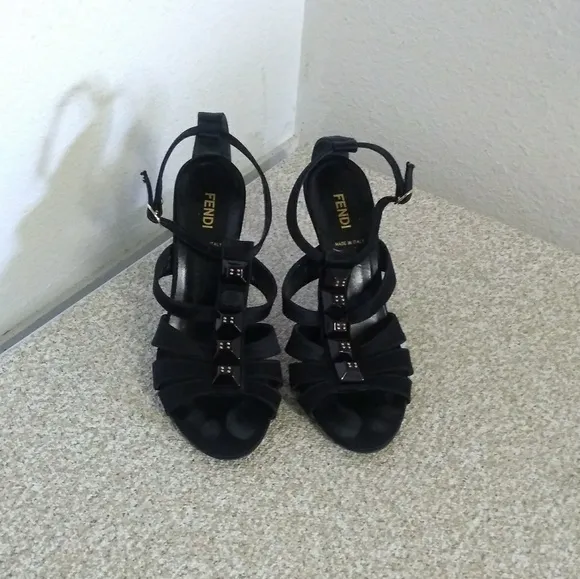 Fendi Black Satin T-Strap Stiletto Heels