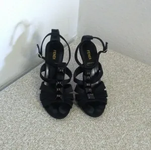 Fendi Black Satin T-Strap Stiletto Heels