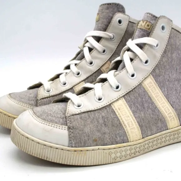 FENDI Jersey High Top Sneakers Grey Cloth White Leather Lace FF Logo Shoes 35